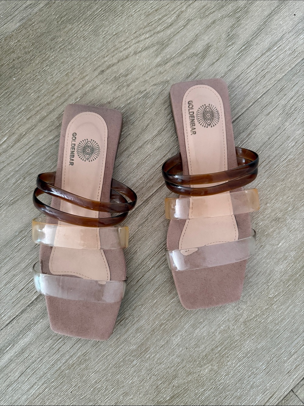 Women's Taupe Slide Sandals with Clear and Amber Straps